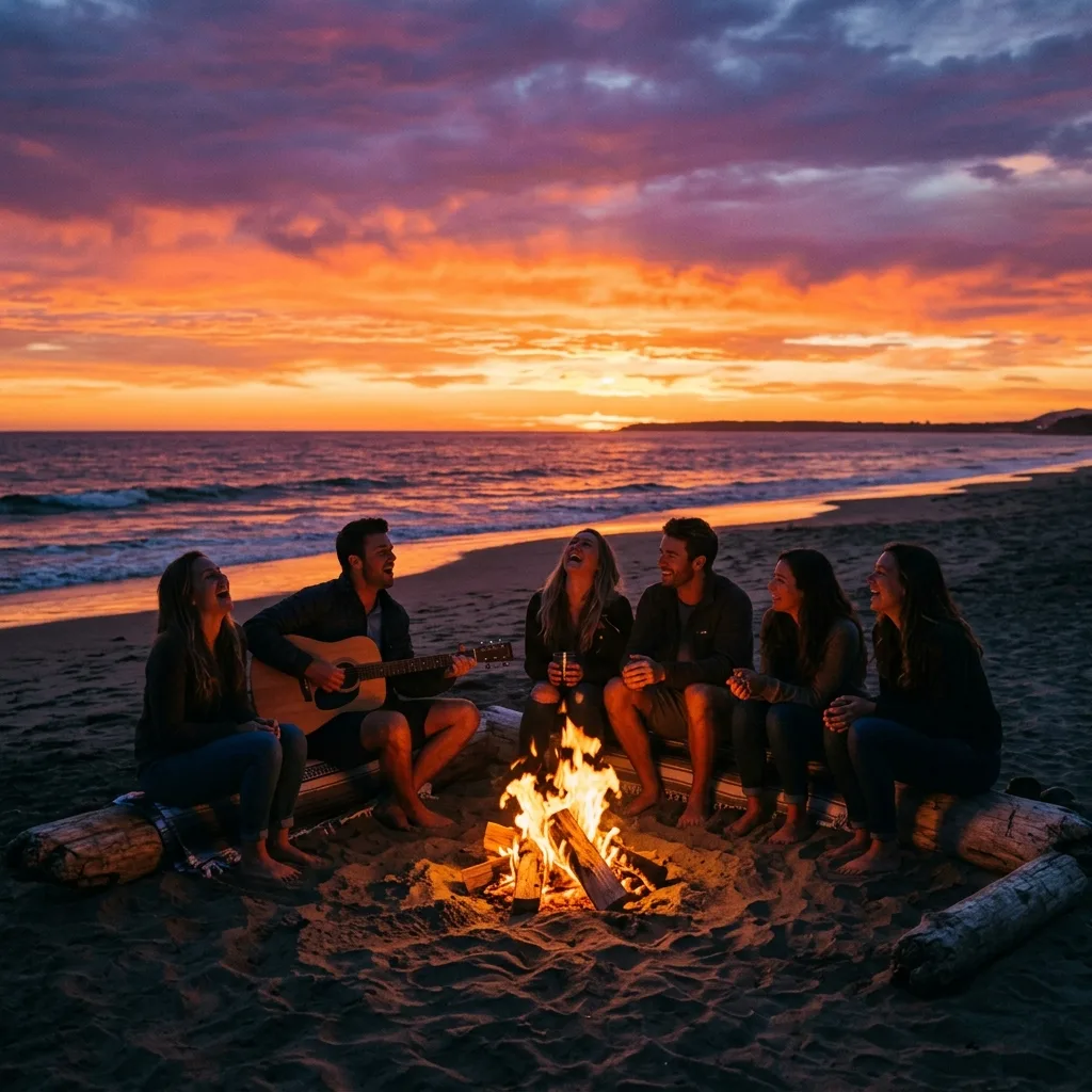Beach sunset campfire