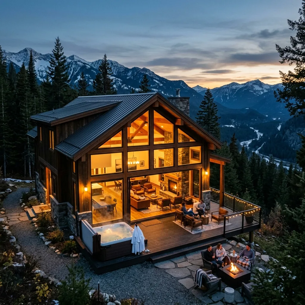 Cabin in woods with mountain view